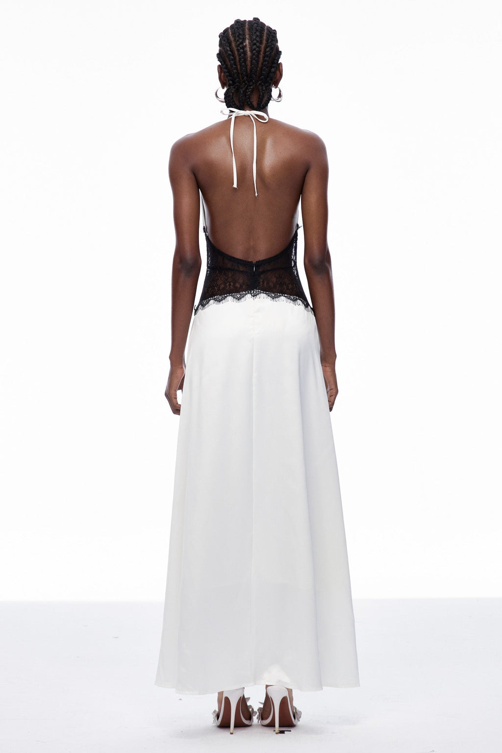 Bowie Lace Plunge Backless Maxi Dress In White