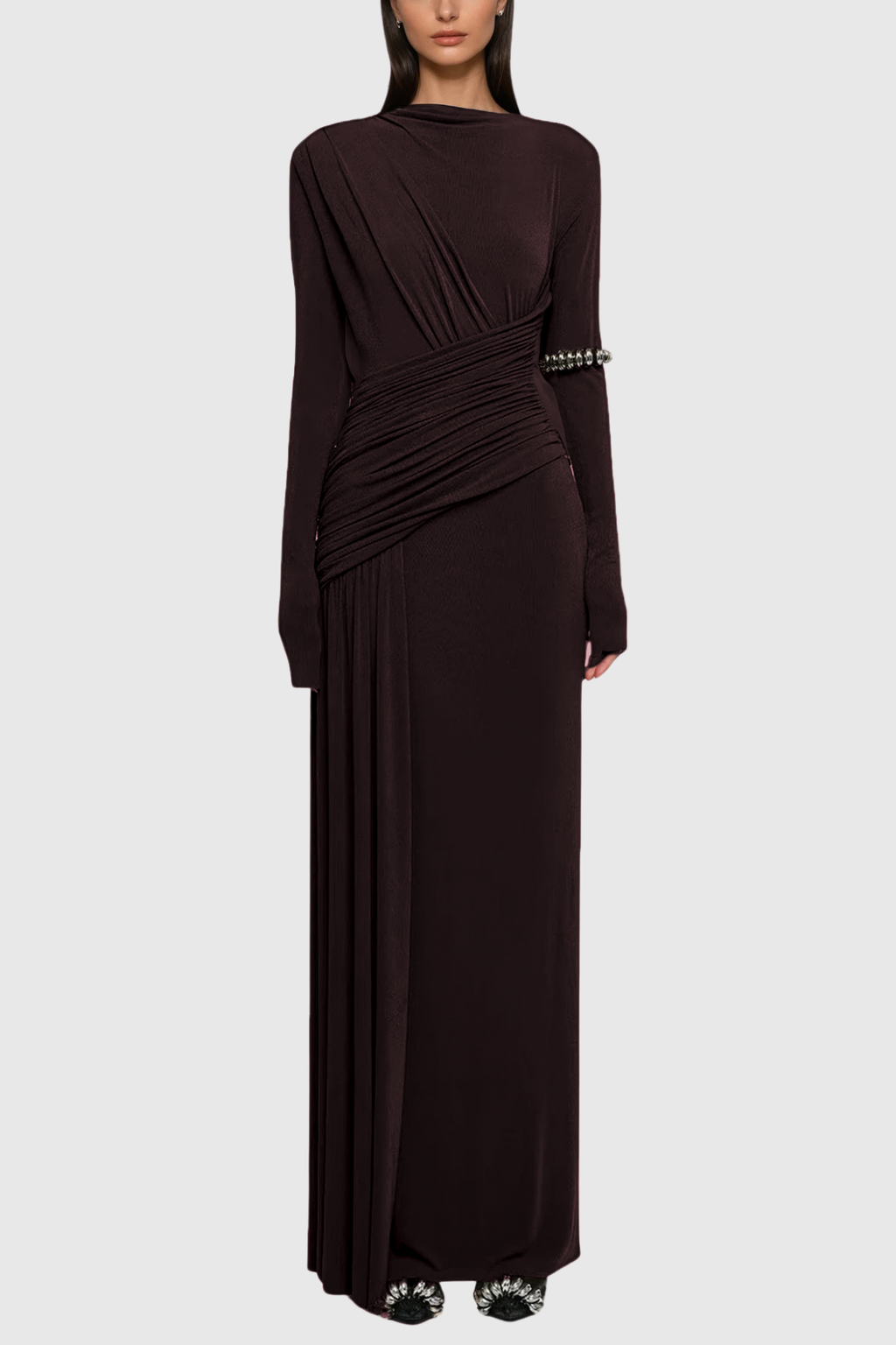 Cabdirashiid Ruch Asymmetric Maxi Dress In Brown