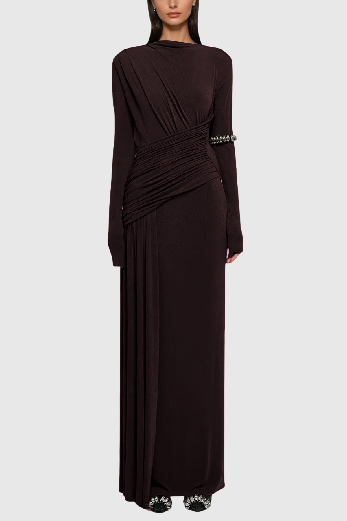 Cabdirashiid Ruch Asymmetric Maxi Dress In Brown