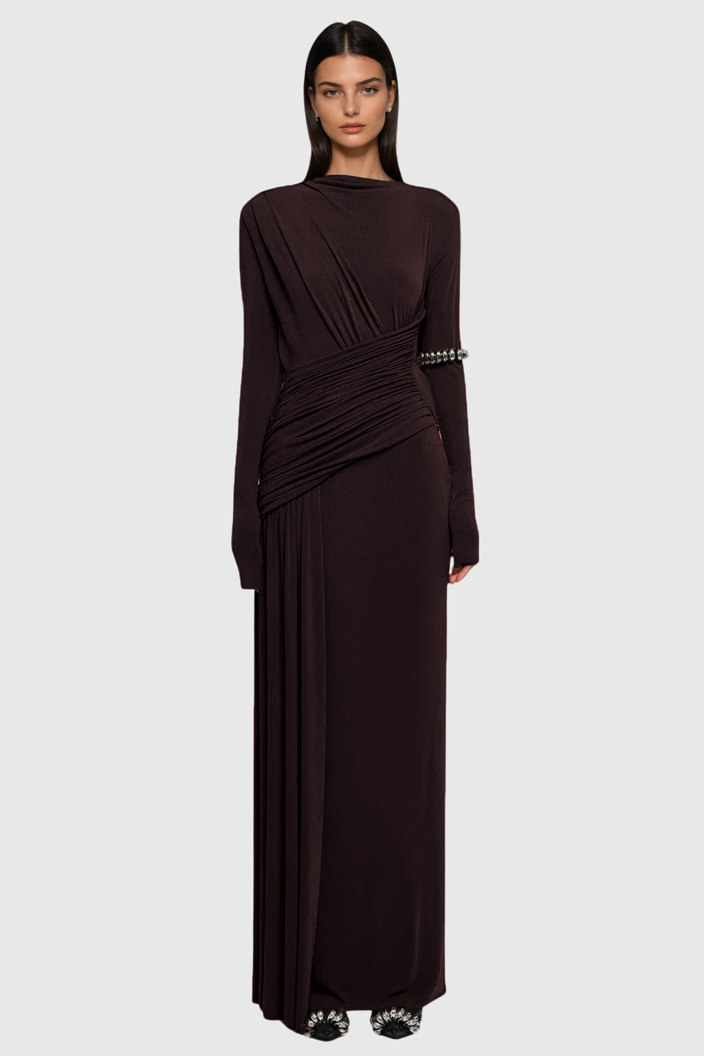 Cabdirashiid Ruch Asymmetric Maxi Dress In Brown