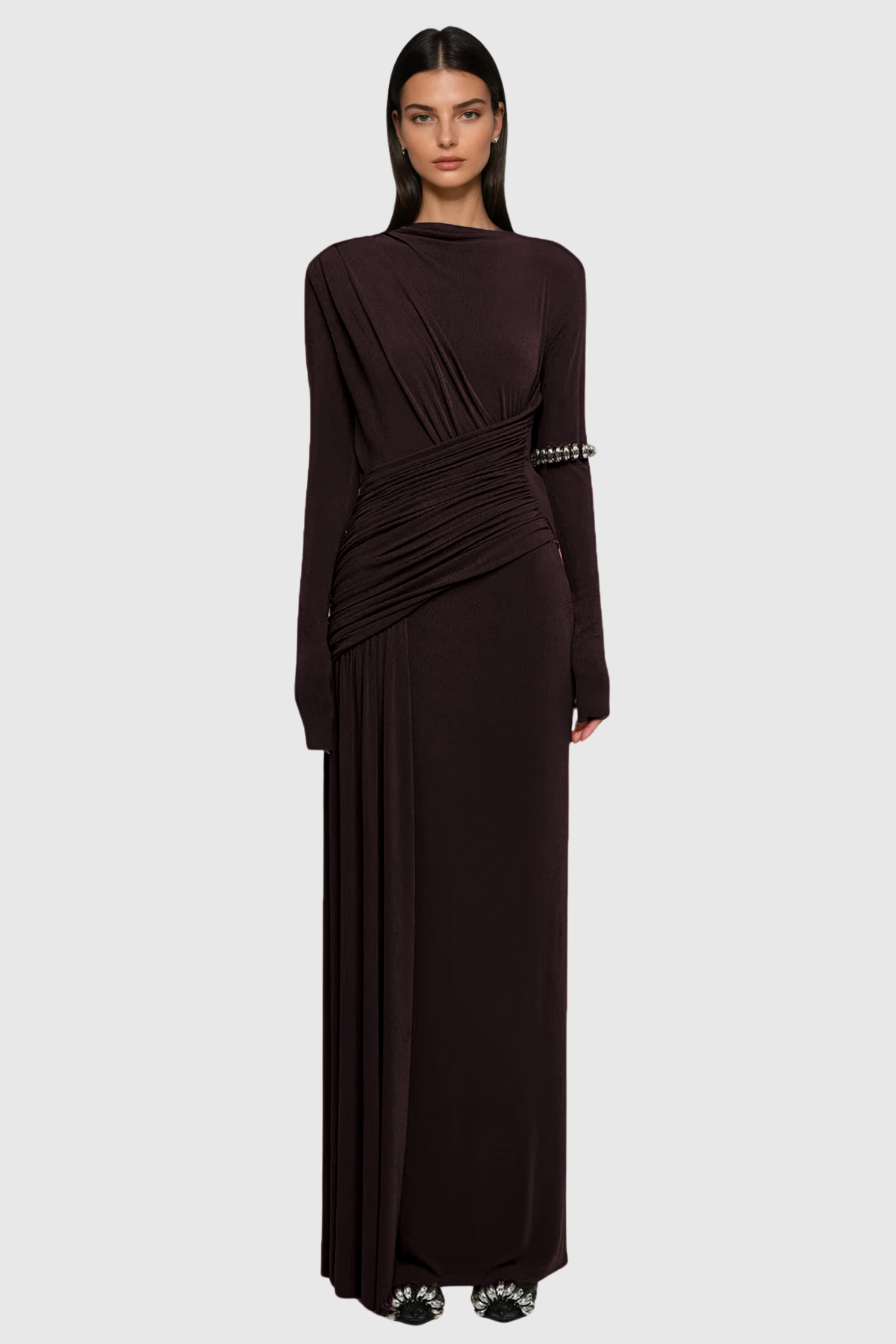 Cabdirashiid Ruch Asymmetric Maxi Dress In Brown