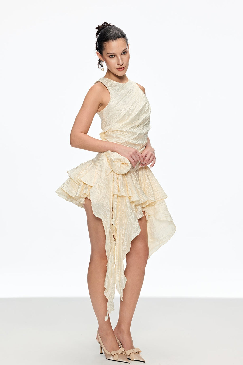 Caleb Flower Ruch Asymmetric Mini Dress In Apricot