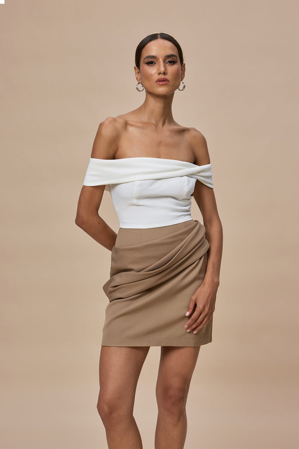 Candide Off Shoulder Ruch Mini Dress