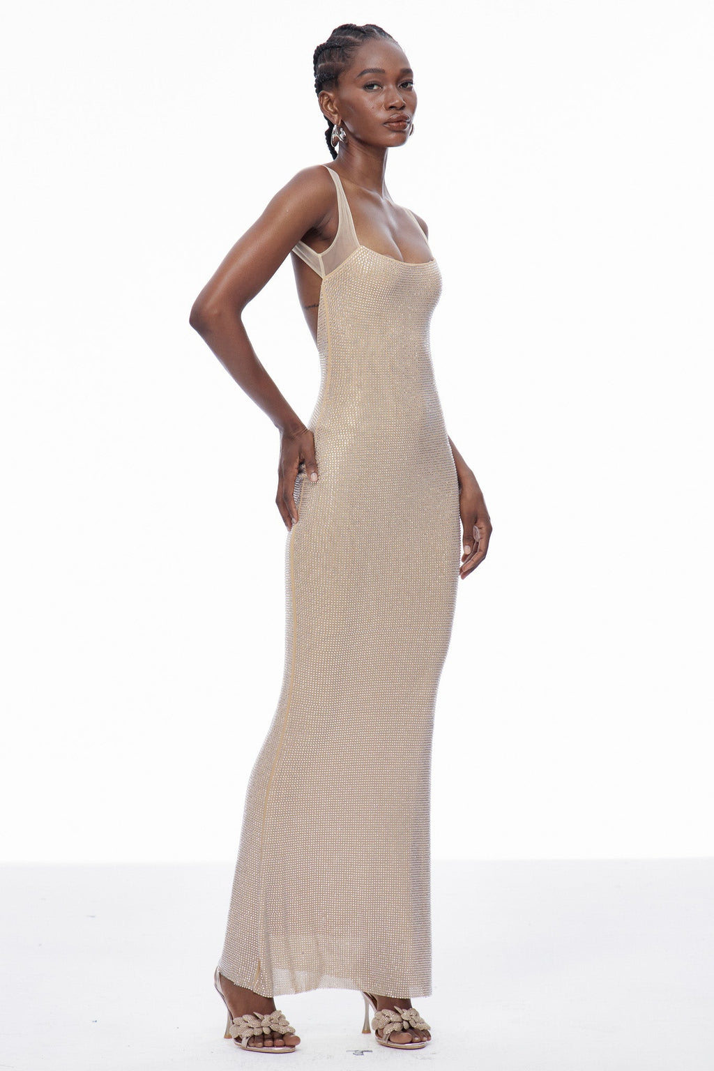 Caomh Rhinestone Backless Maxi Dress In Apricot