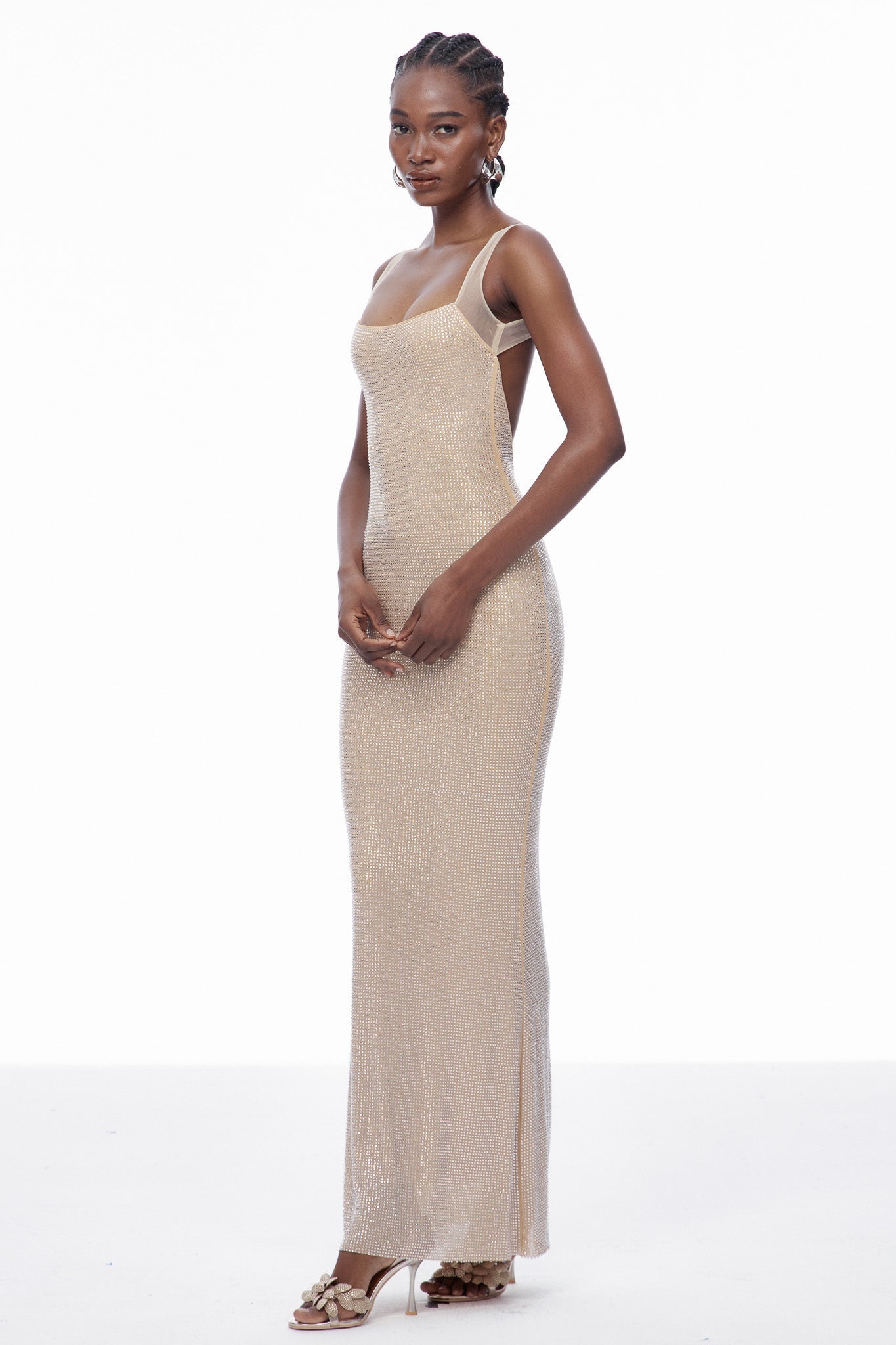 Caomh Rhinestone Backless Maxi Dress In Apricot