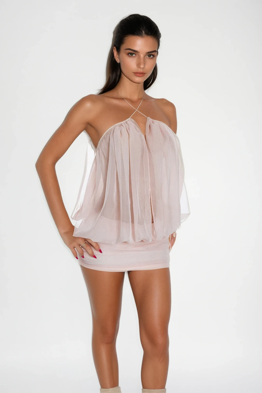 Carola Mesh Ruch Plunge Mini Dress