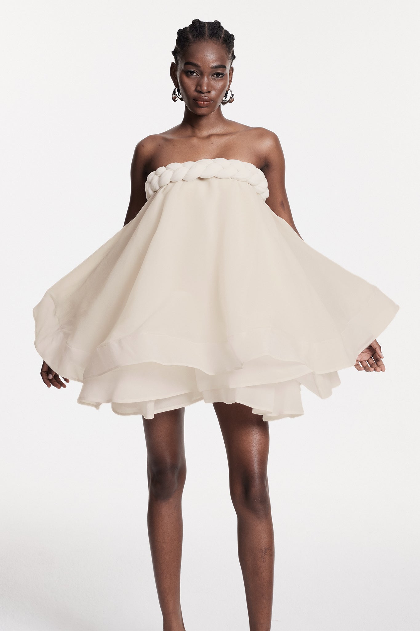Cebrail Ruffle Puffy Mini Dress In White
