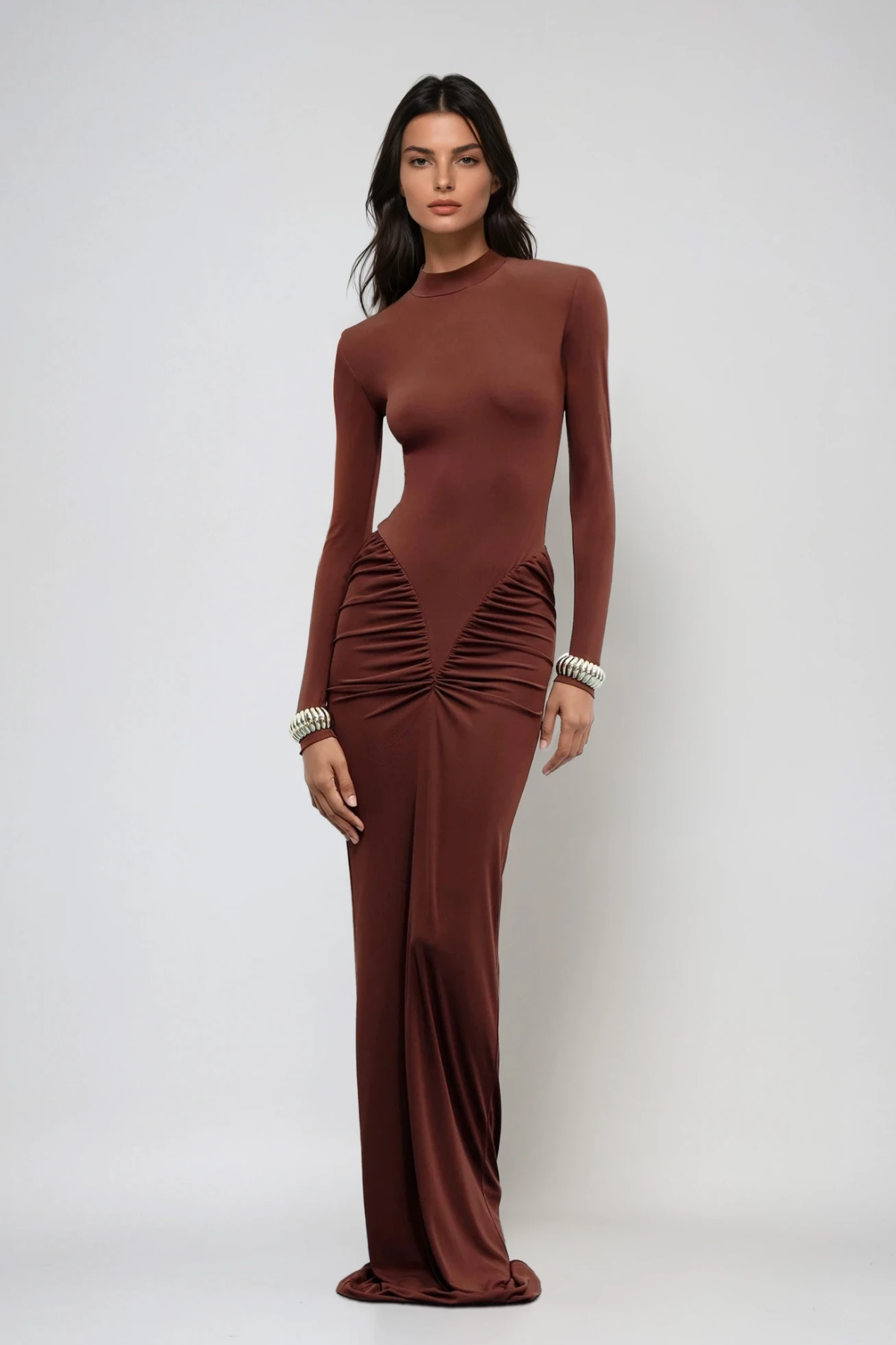 Cesarina Deconstruct Ruch Bodycon Maxi Dress In Rust Brown