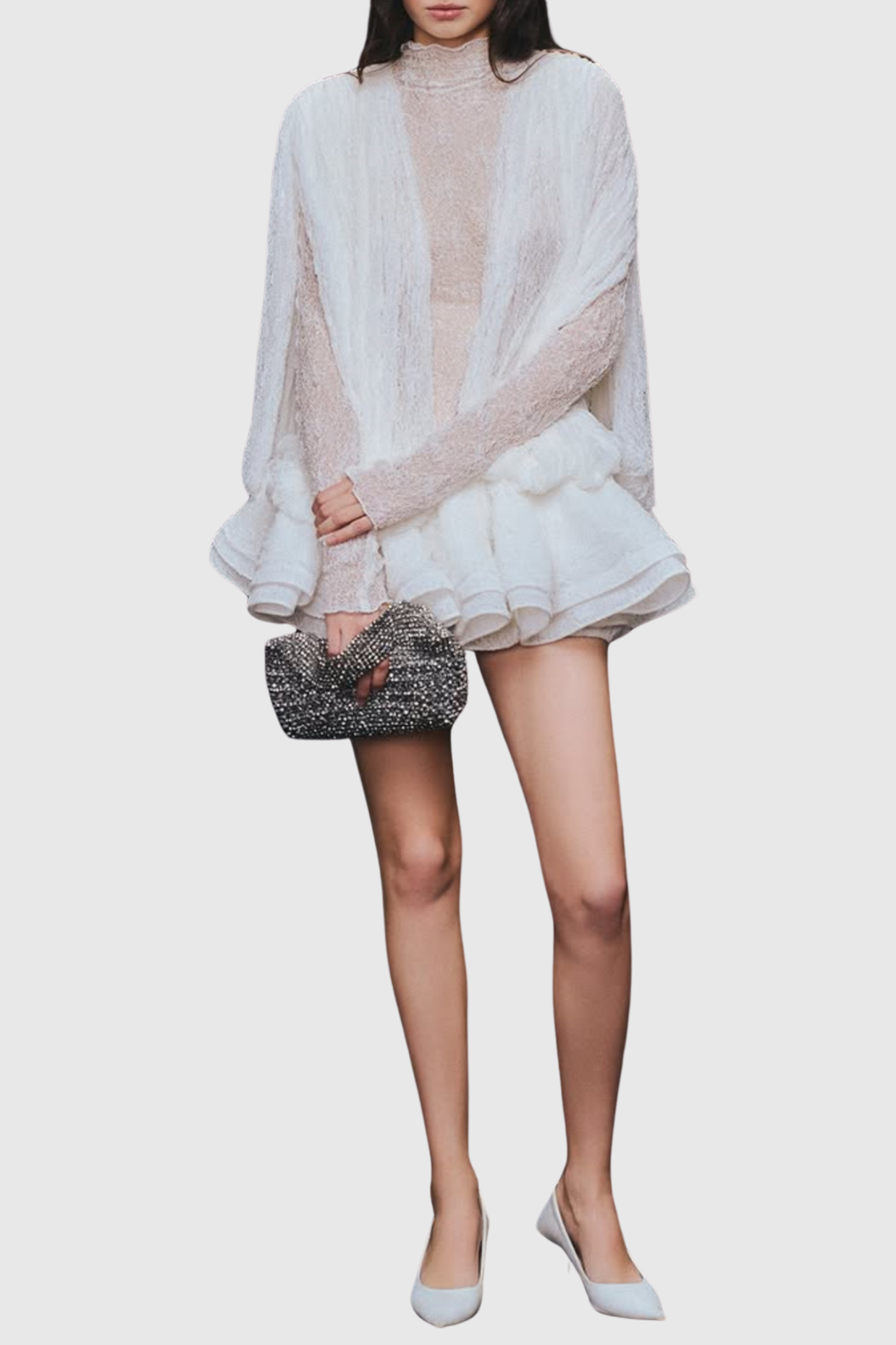 Chaylee Semi-sheer Lace Ruffle Mini Dress