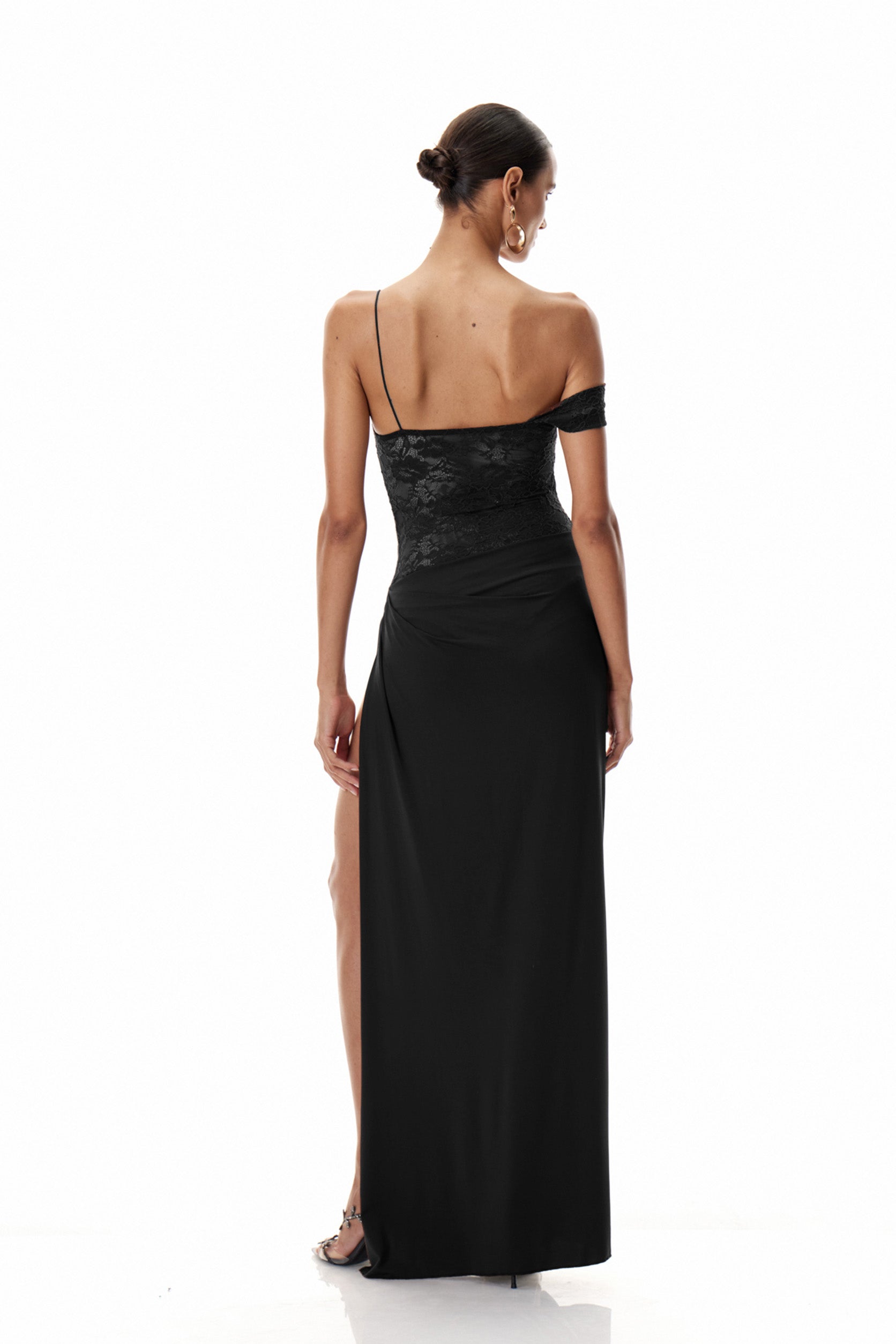 Chenda Lace Asymmetric Maxi Dress In Black