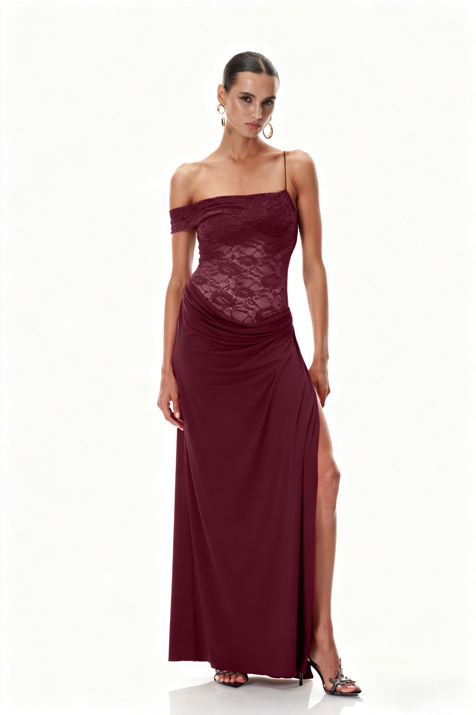Chenda Lace Asymmetric Maxi Dress In Red