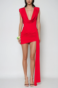 Claritia Cowl Neck Fringe Mini Dress In Red