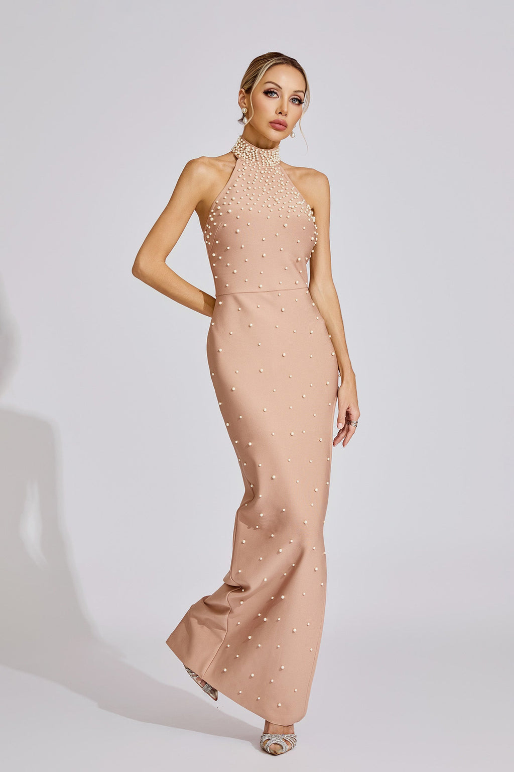 Clover Apricot Pearl Halter Maxi Dress