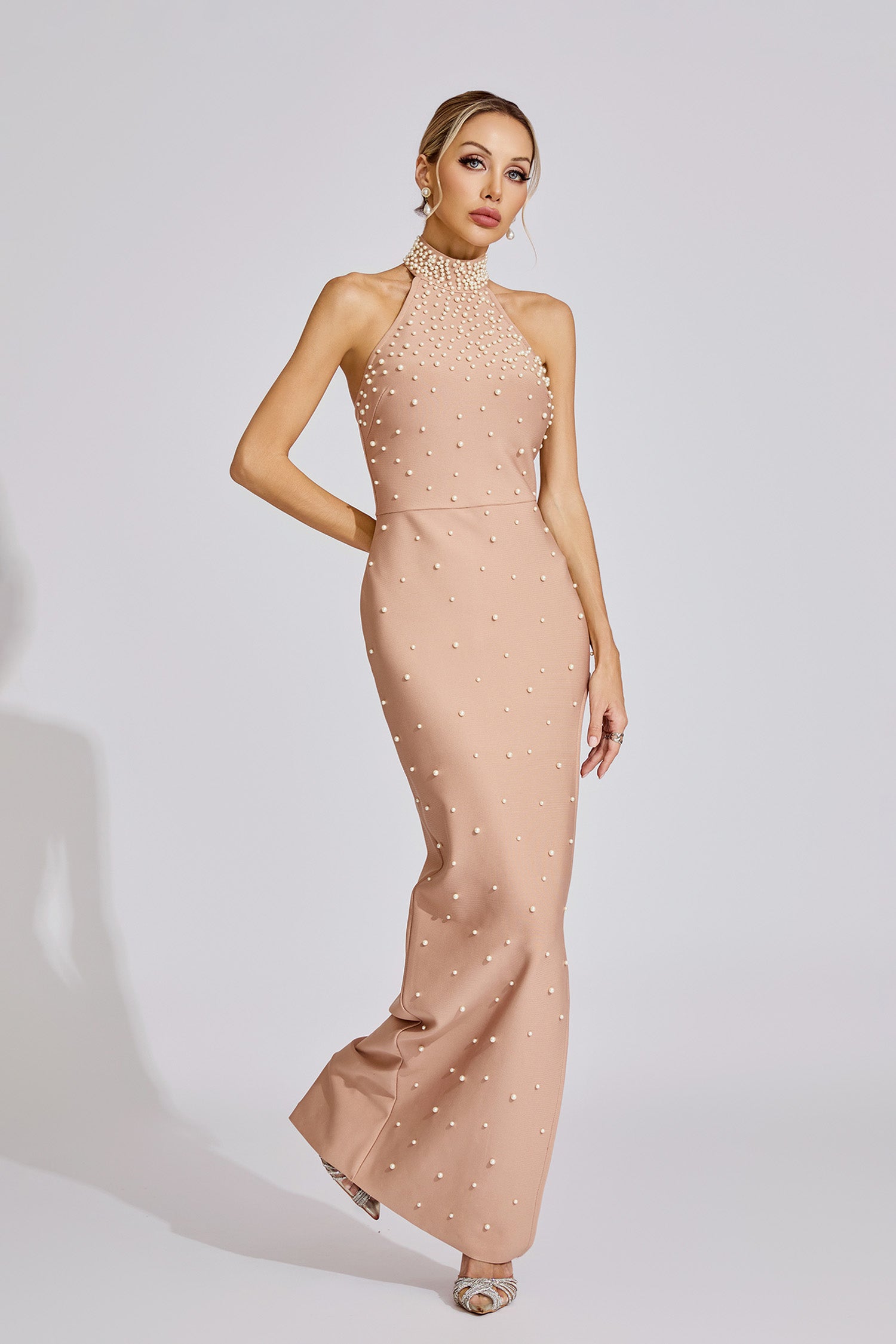 Clover Apricot Pearl Halter Maxi Dress