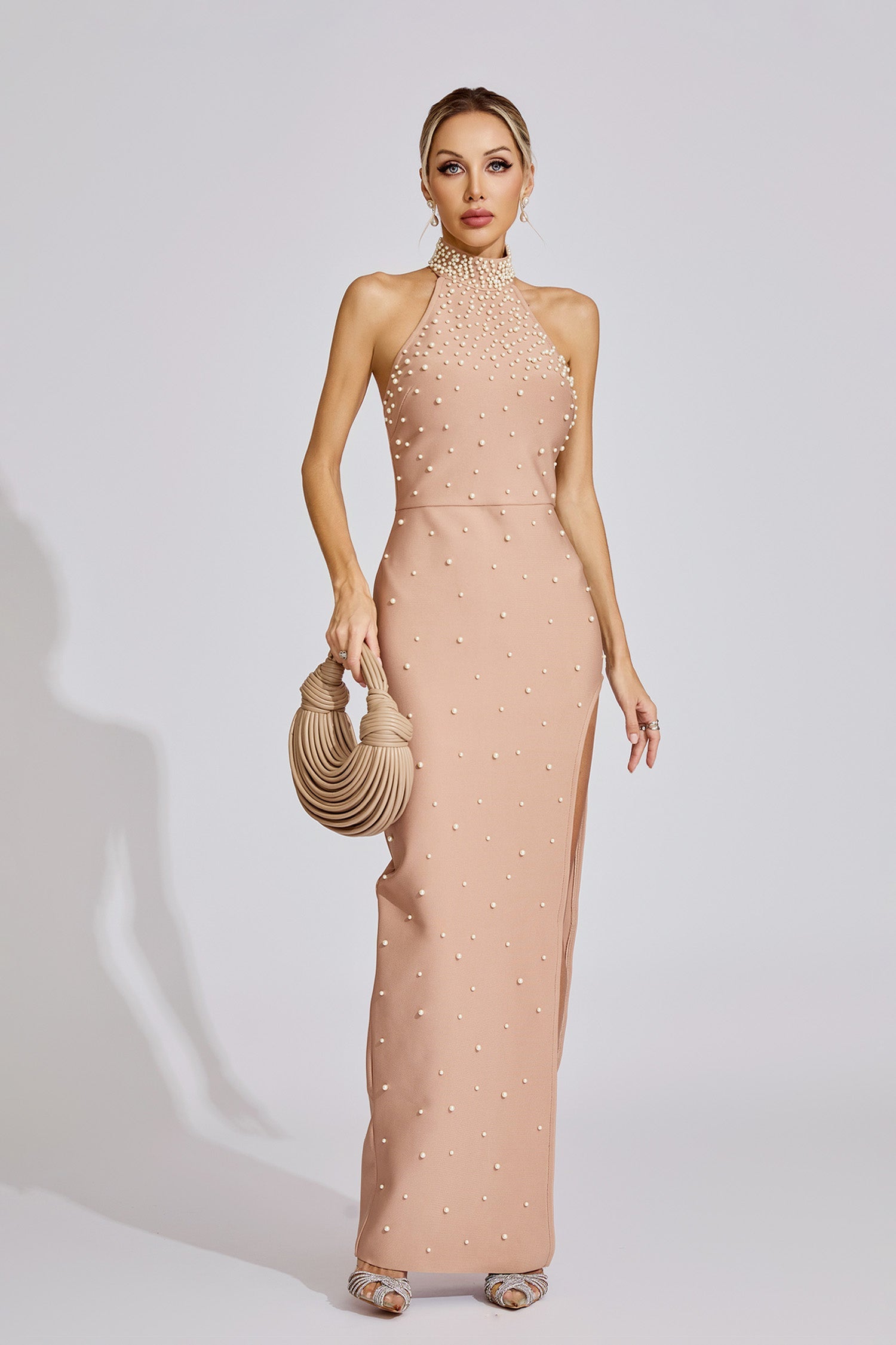 Clover Apricot Pearl Halter Maxi Dress