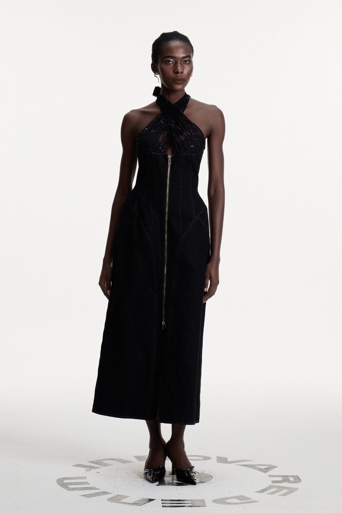 Connell Sequin Halter Neck Denim Maxi Dress