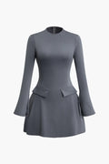Cora Solid Grey Stitching Bell Sleeve Mini Dress