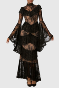 Coveie Lace Ruffle Maxi Dress - Black