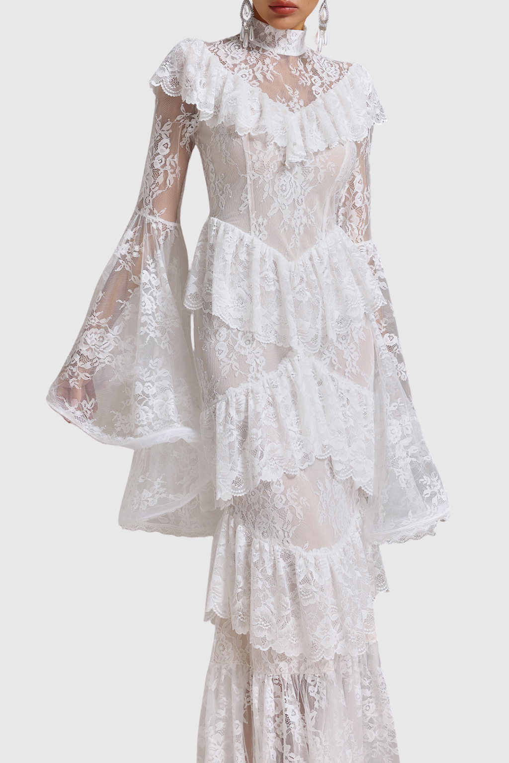 Coveie Lace Ruffle Maxi Dress - White