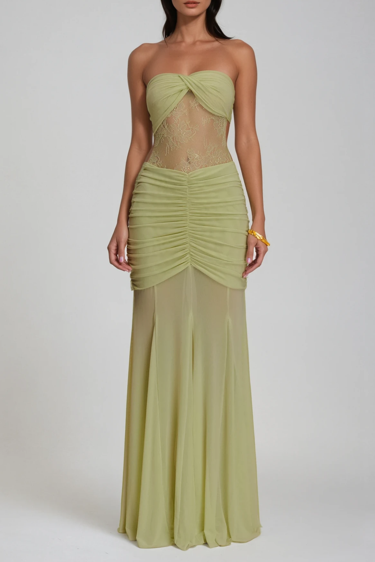 Daedalus Strapless Lace Ruch Maxi Dress