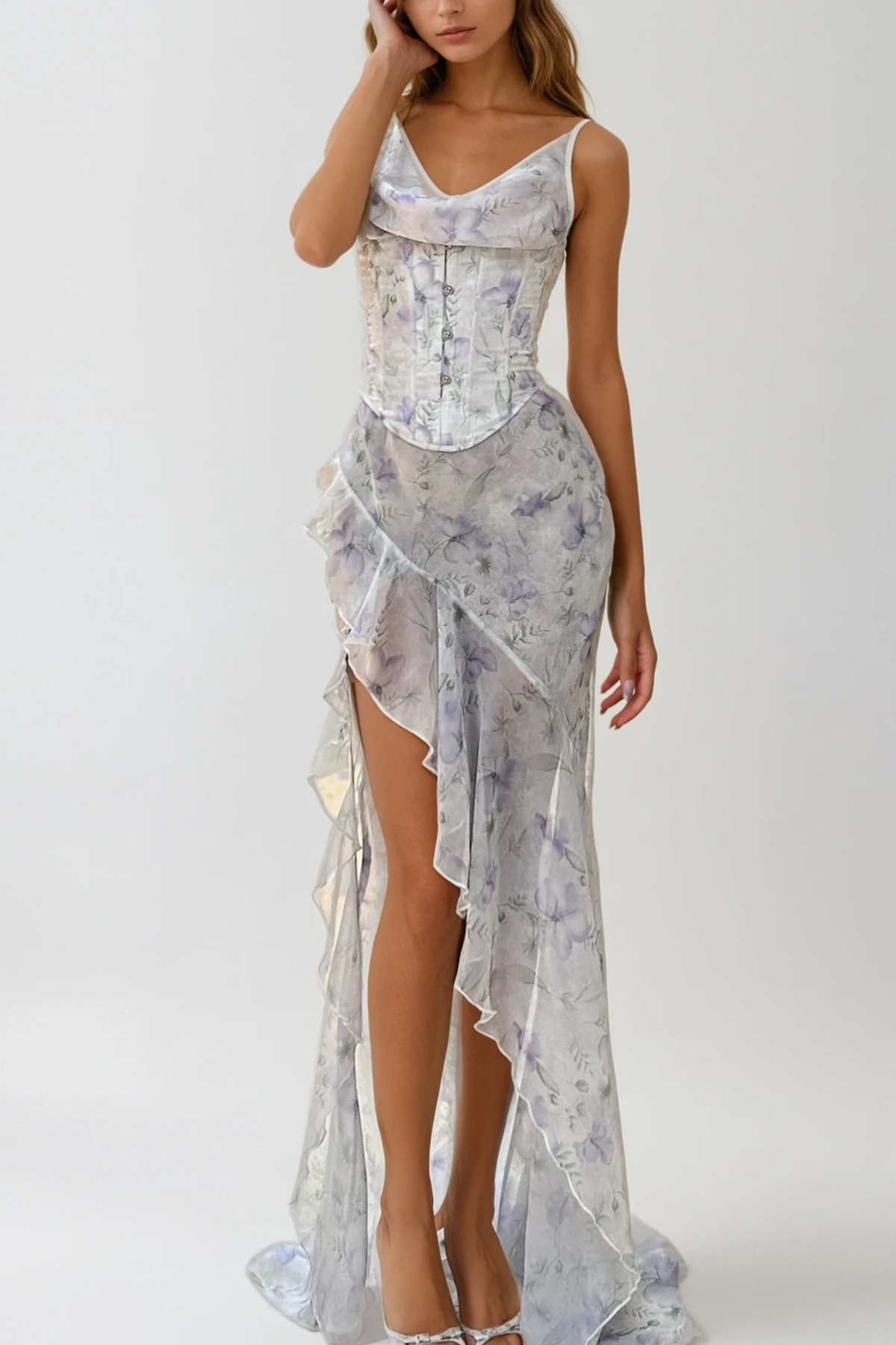 Dafydd Cowl Neck Asymmetric Ruffle Maxi Dress