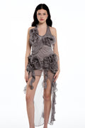 Damir Flower Backless Mesh Mini Dress In Grey