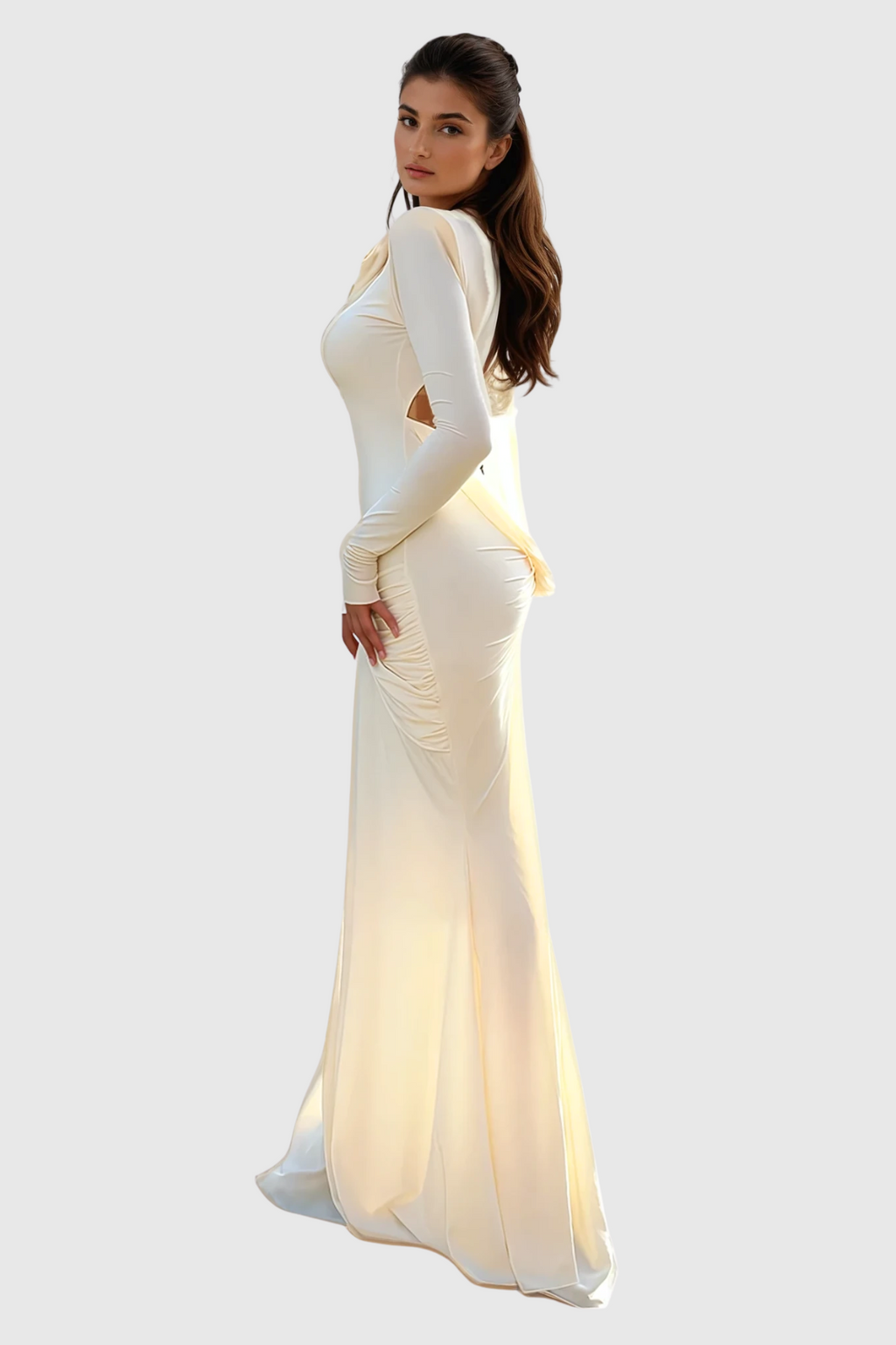 Damjana Bodycon Backless Ruch Maxi Dress In Apricot