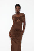 Danai Cutout Ruch Maxi Dress In Brown