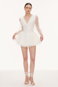 Danyal Flower Balloon Sleeve Mesh Mini Dress In White