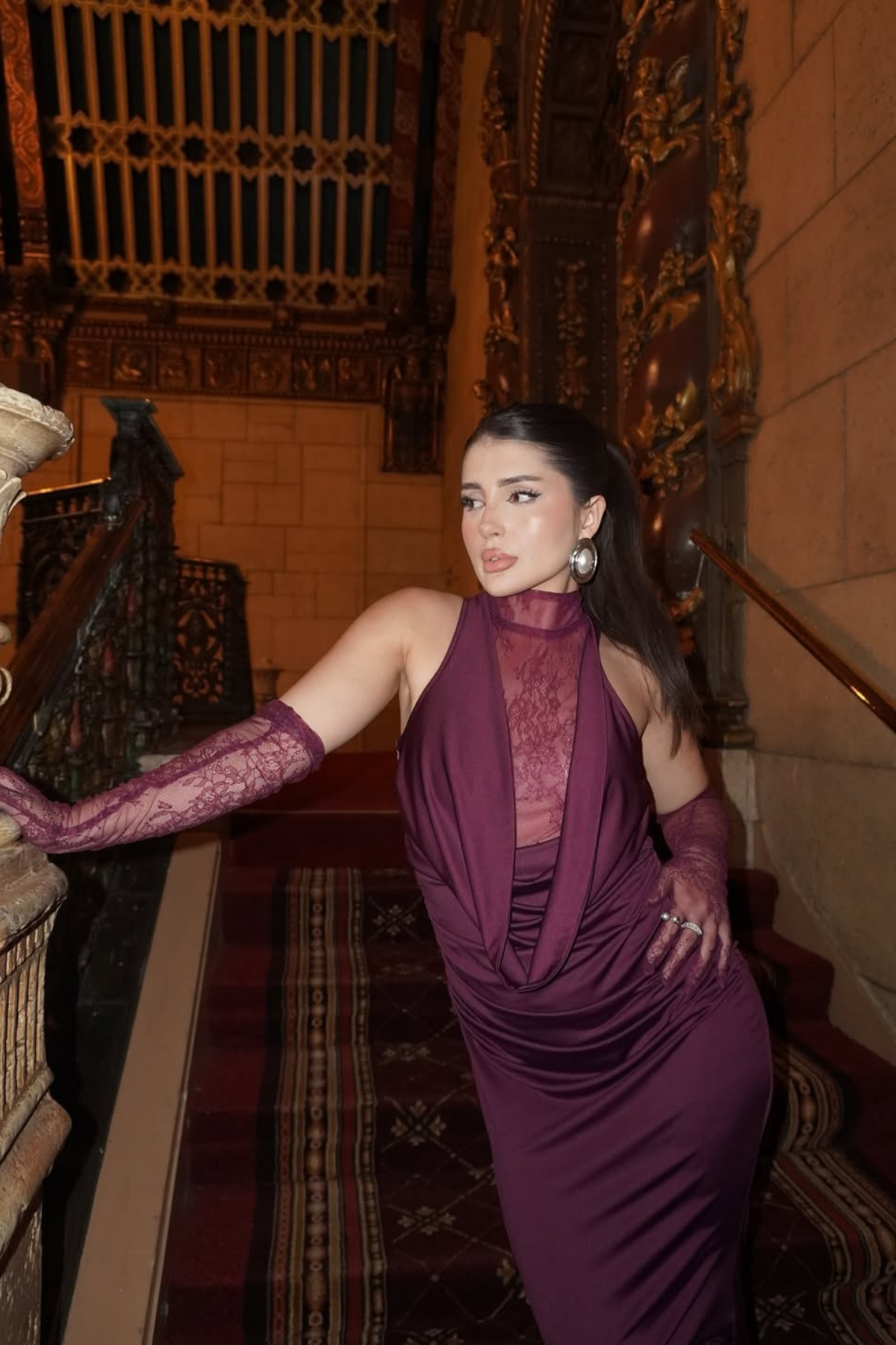 Darleen Cowl Neck Ruch Lace Maxi Dress In Purple