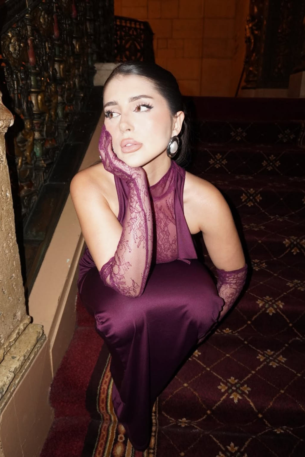 Darleen Cowl Neck Ruch Lace Maxi Dress In Purple