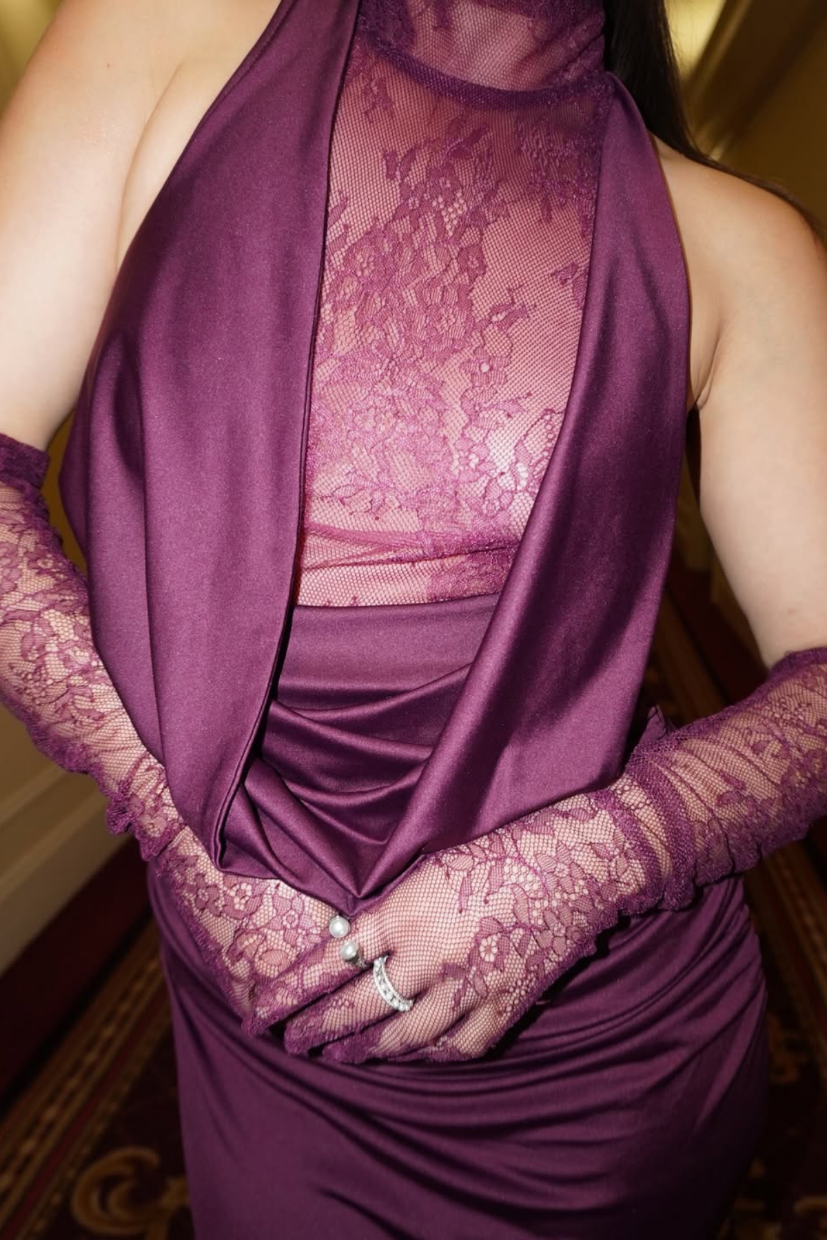 Darleen Cowl Neck Ruch Lace Maxi Dress In Purple