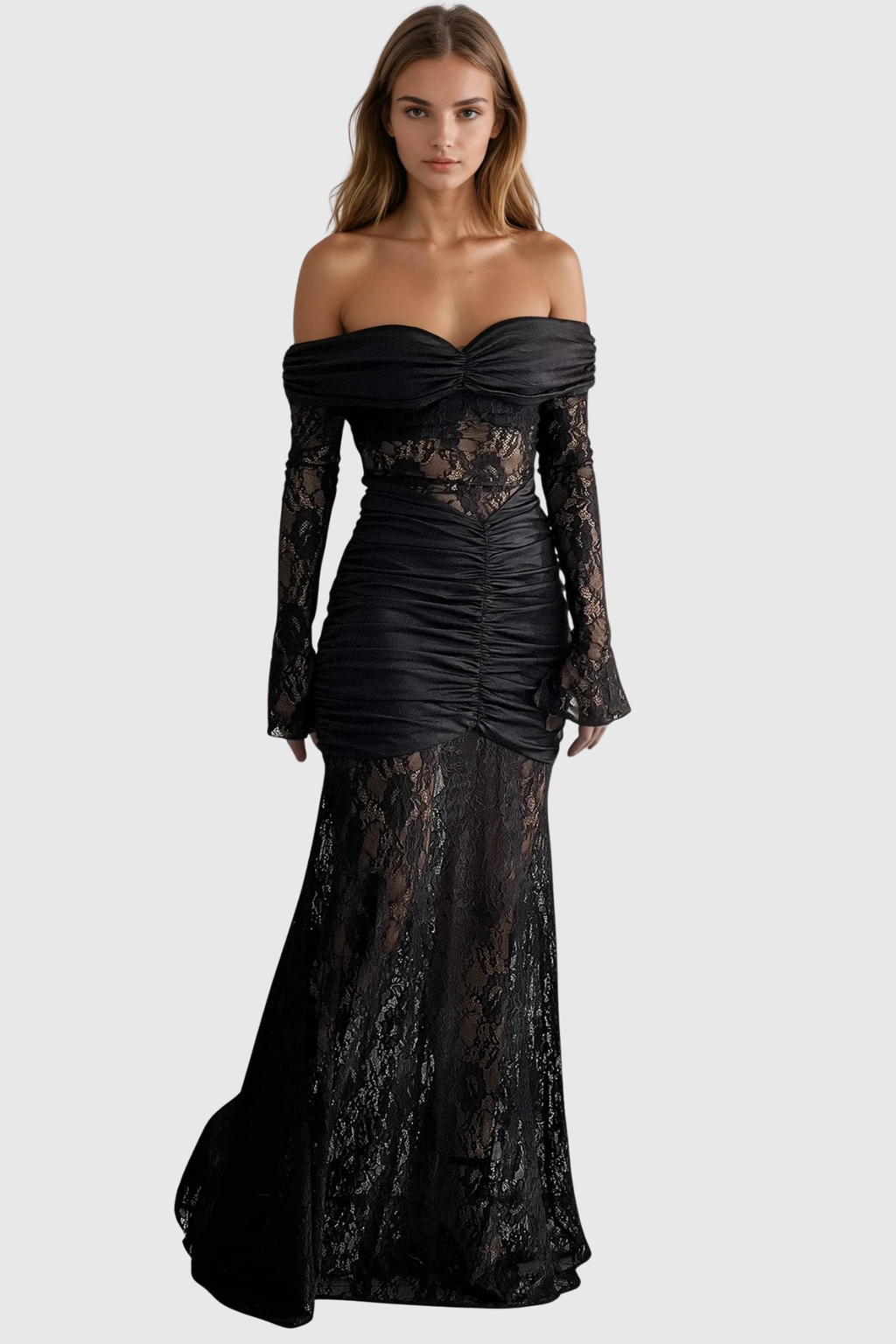 Darlene Ruch Off Shoulder Lace Maxi Dress