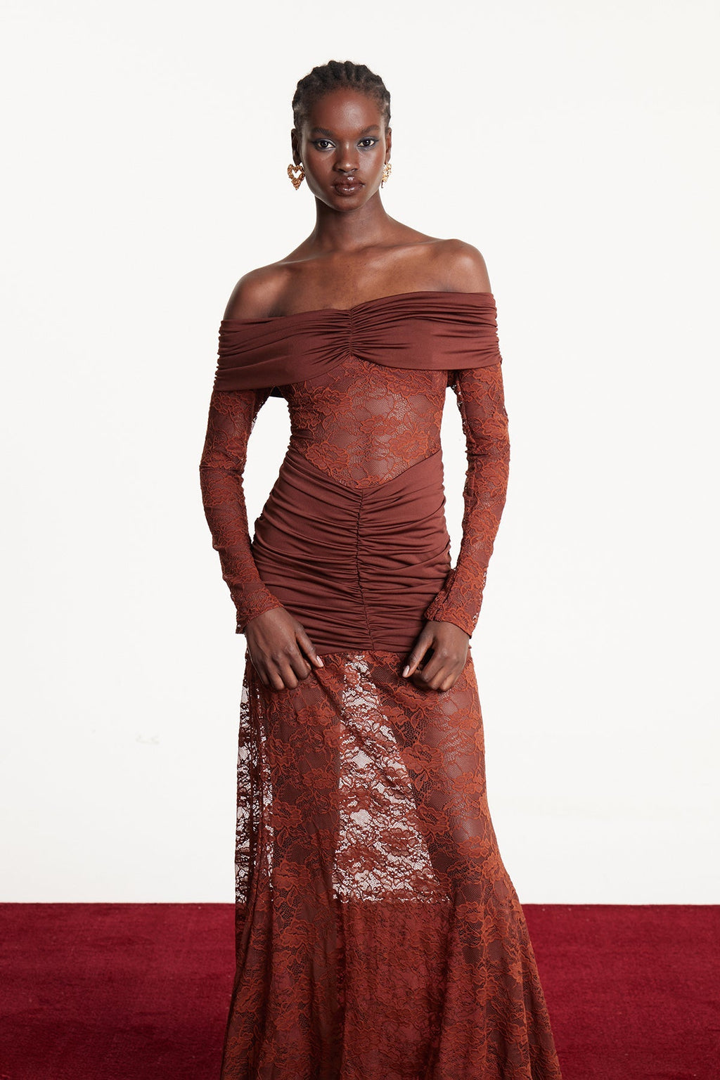 Darlene Strapless Ruch Lace Maxi Dress