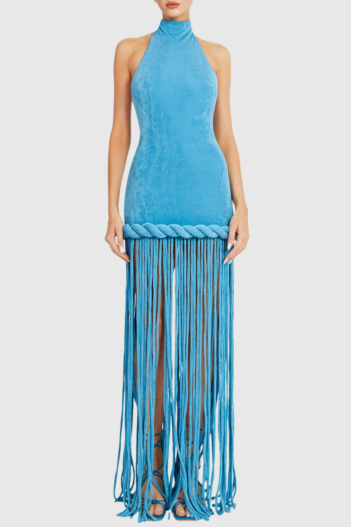 Datara Halter Velvet Rope Fringe Maxi Dress - Blue