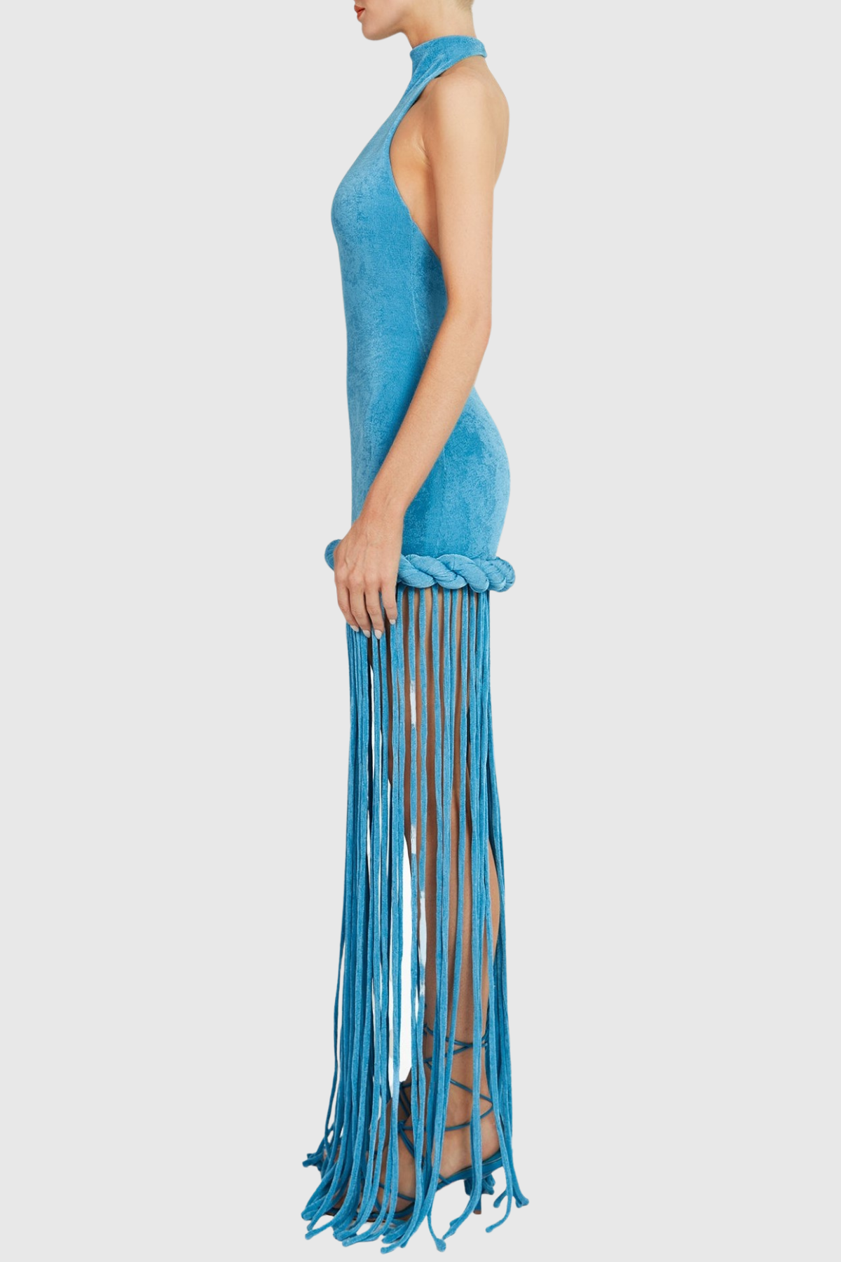 Datara Halter Velvet Rope Fringe Maxi Dress - Blue