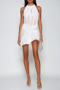 Davion Halter Neck Ruch Asymmetric Mini Dress In White