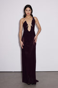 Davis Plunge Chain Asymmetric Maxi Dress In Deep Purple