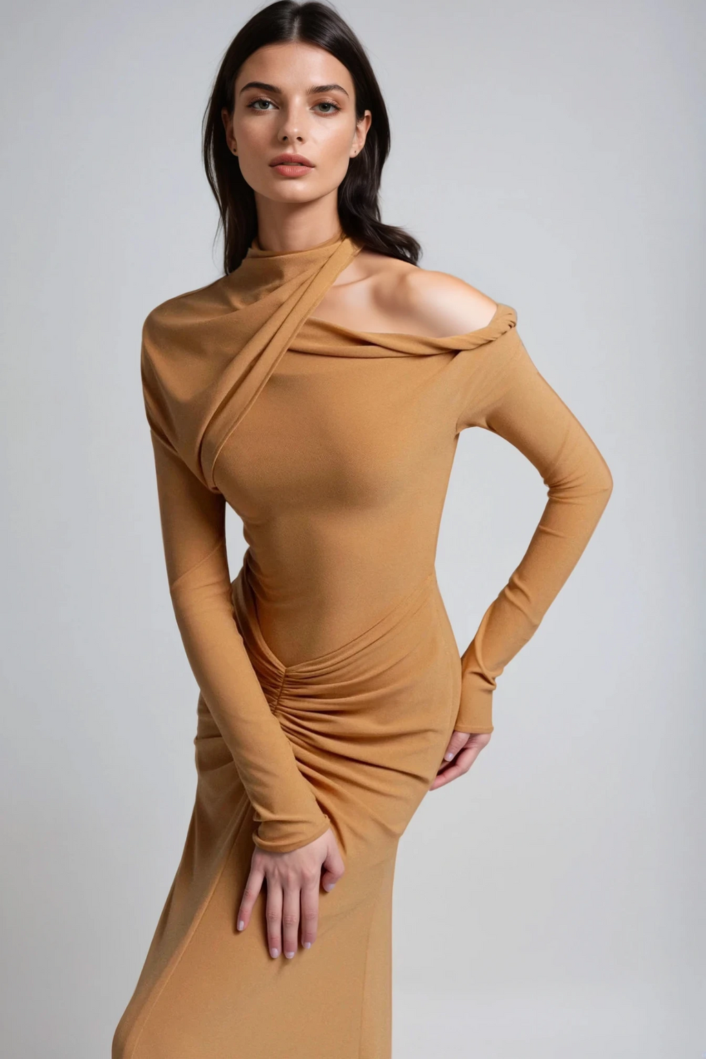 Daw Cutout Ruch Asymmetric Maxi Dress In Khaki