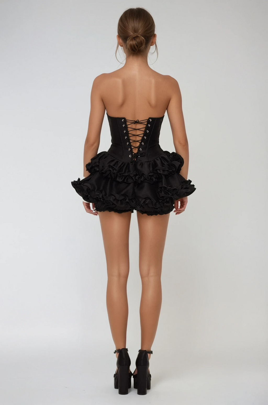 Daxton Strapless Corset Puffy Mini Dress In Black
