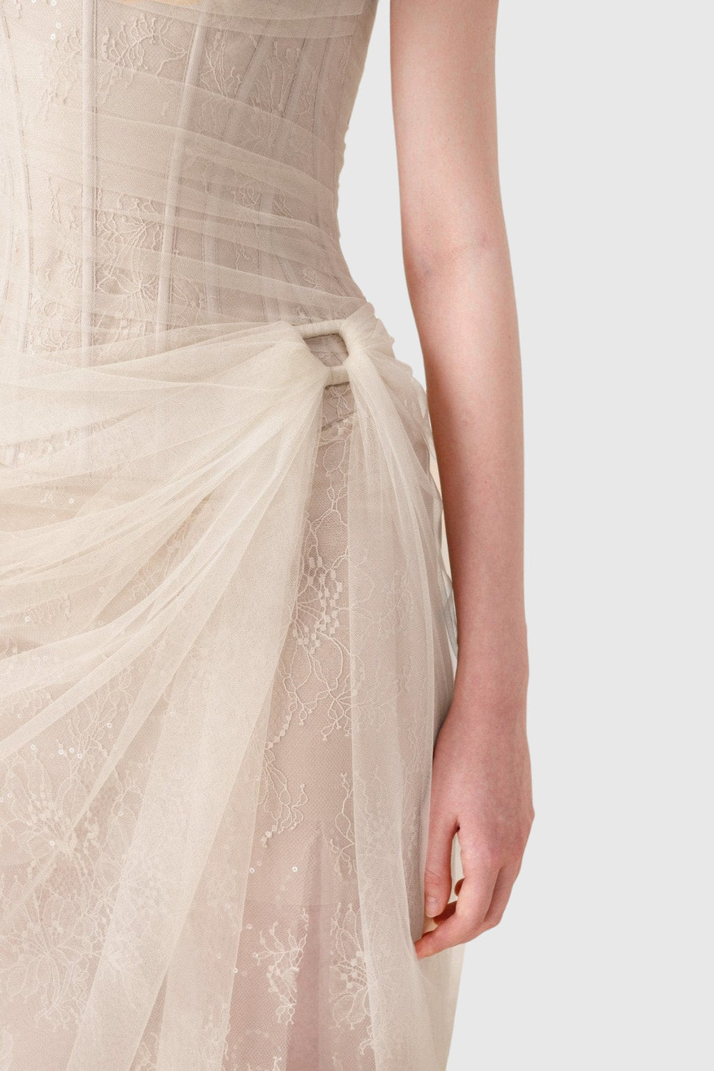 Dechen One Shoulder Corset Mesh Maxi Dress In Apricot