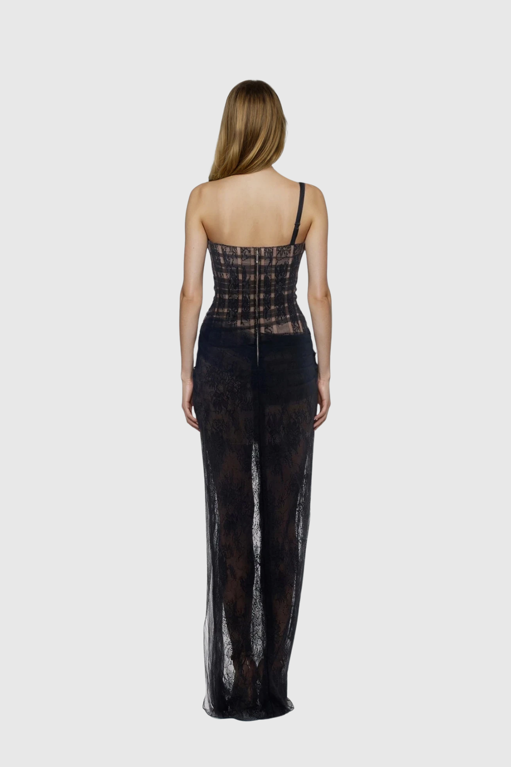 Dechen One Shoulder Corset Mesh Maxi Dress In Black