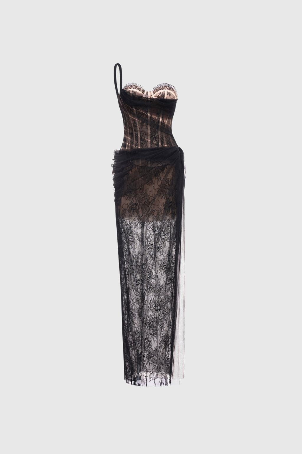 Dechen One Shoulder Corset Mesh Maxi Dress In Black