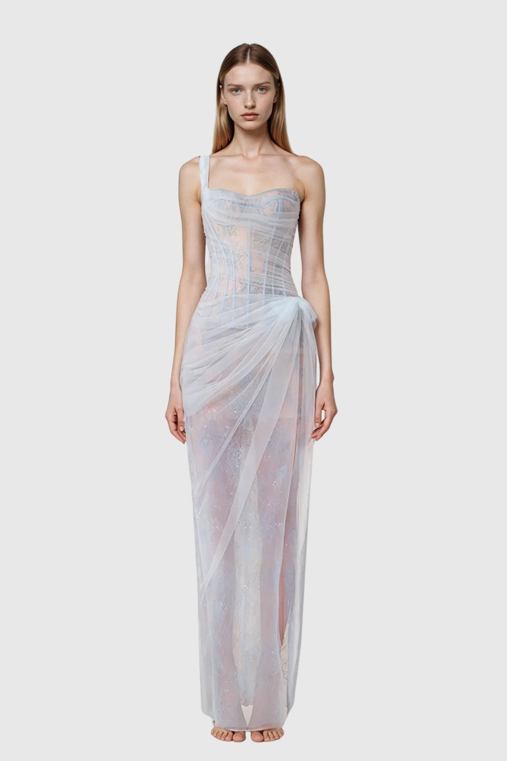 Dechen One Shoulder Corset Mesh Maxi Dress In Blue