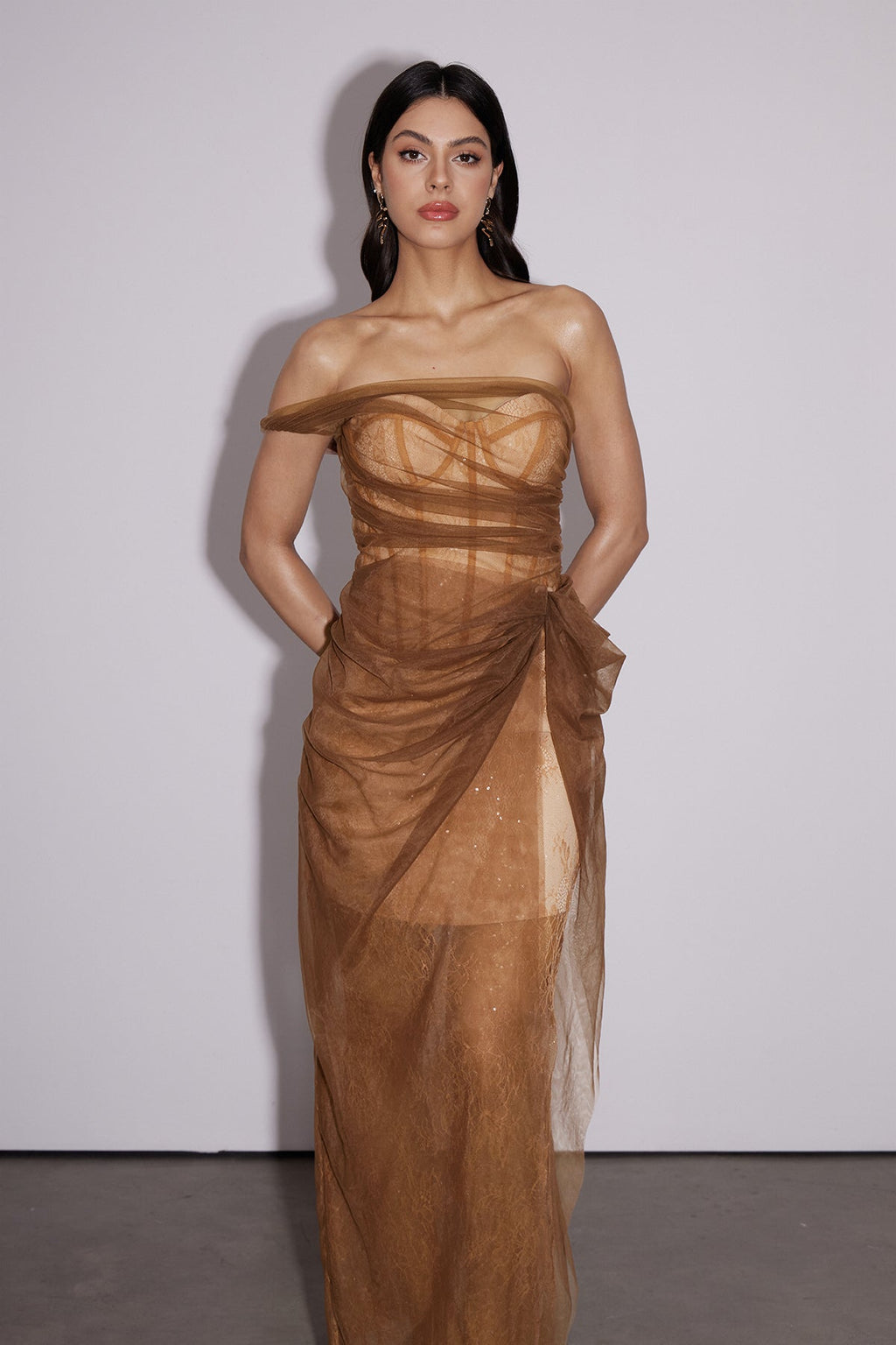 Dechen One Shoulder Corset Mesh Maxi Dress In Brown