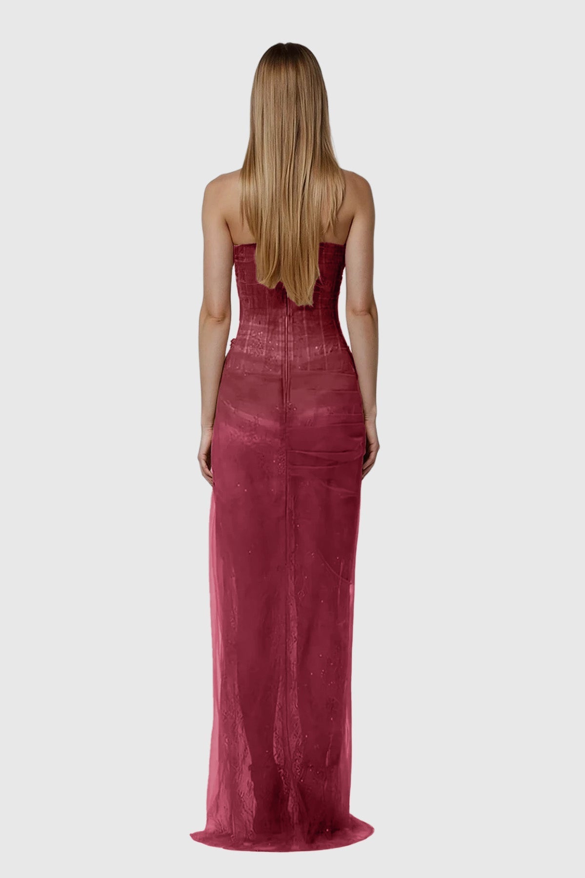 Dechen One Shoulder Corset Mesh Maxi Dress In Red