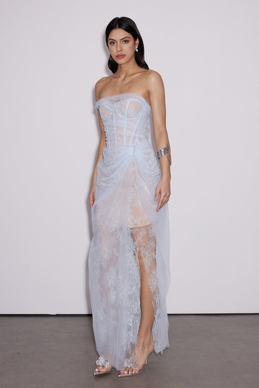 Dechen One Shoulder Corset Mesh Maxi Dress In Blue
