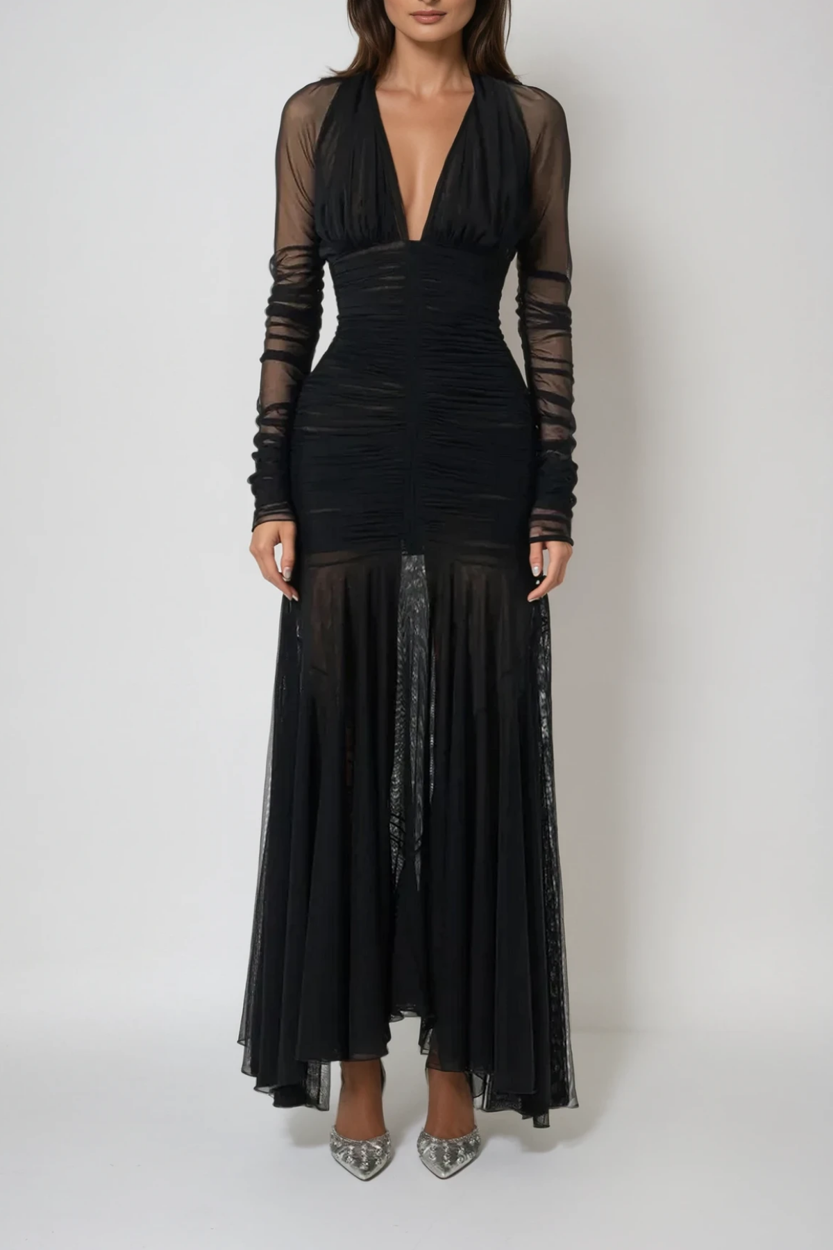 Dejana Plunge Ruch Mesh Maxi Dress