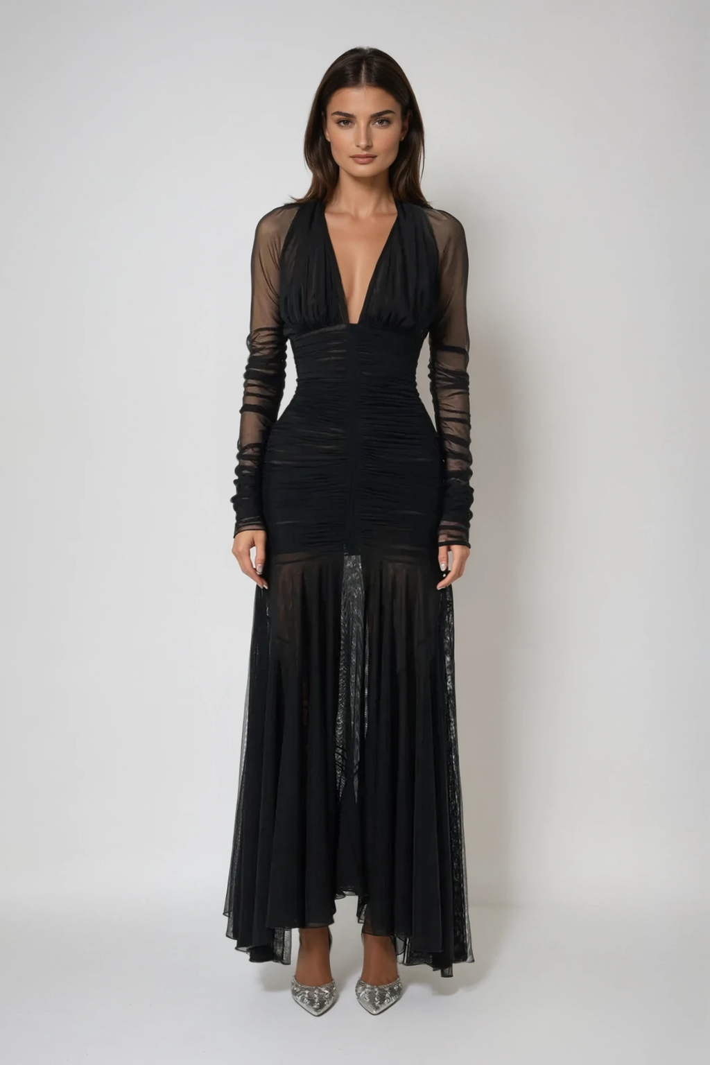 Dejana Plunge Ruch Mesh Maxi Dress