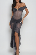 Deon Off Shoulder Ruffle Glitter Maxi Dress
